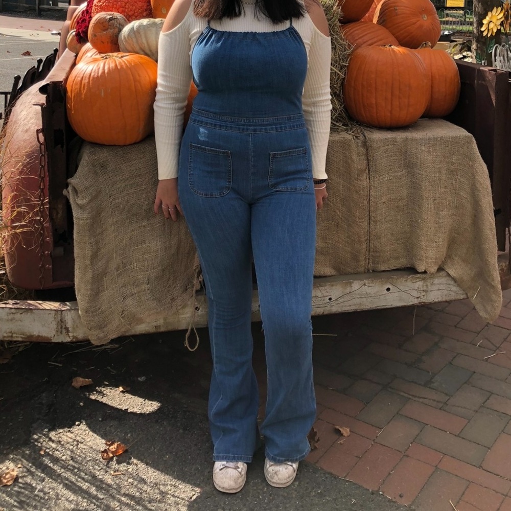 Bell Bottom Jean Overalls Criss Cross Back